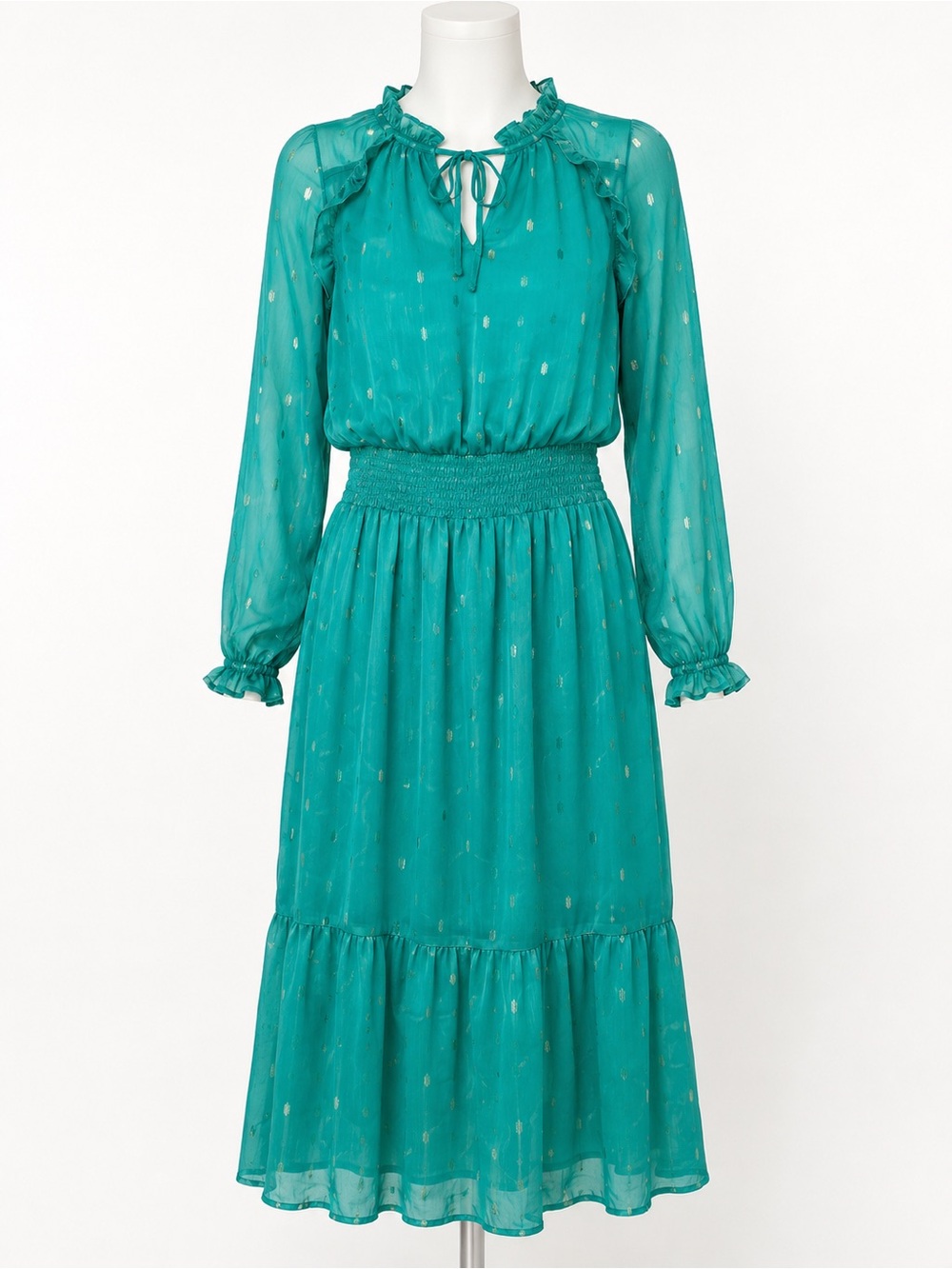 NSR Greenish Teal Long-Sleeve Smockeduu-Waist Midi Dress with Gold Dot Detail